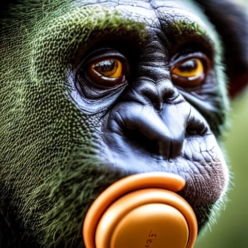 Image similar to a high quality photo of a green chimp wearing headphones, realism, 8k