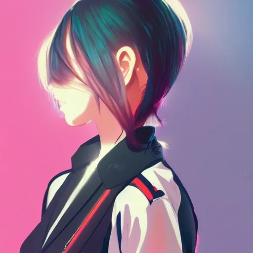 Prompt: shirt art, graphic design, anime style, realistic lighting, futuristic matte colors, made by ilya kuvshinov, trending on artstation, front portrait of a girl, jpop clothing, sneaker shoes, arcade cabinet in background