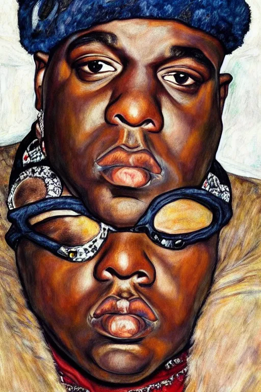 Image similar to a portrait of biggie smalls wearing boho - chic style clothes, with a fur muffler, full body!!, realistic painting in egon schiele style, masterpiece, hyperdetailed, complex, intricate, 4 k, trending on artstation