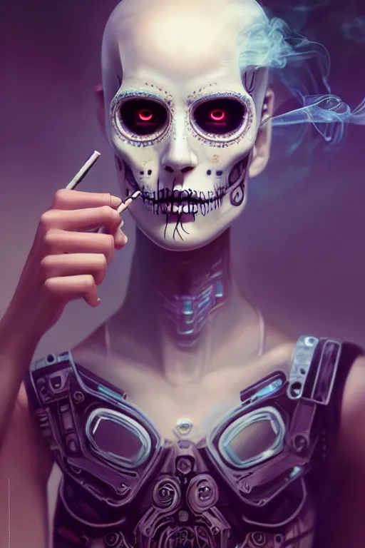 Image similar to ultra detailed, beautiful female android smoking a cigarette, scifi, fantasy, ( dia de los muertos ), triadic color scheme, intricate detailed, octane render, concept art. smoke, calm, noir. art by godmachine and michael welan and rossdraws and artgerm and greg rutkowski and wlop. 8 k, hdr