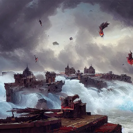 Prompt: Panorama view at a hurricane throwing ruined pieces from a castle around, oil painting, by Greg Rutkowski