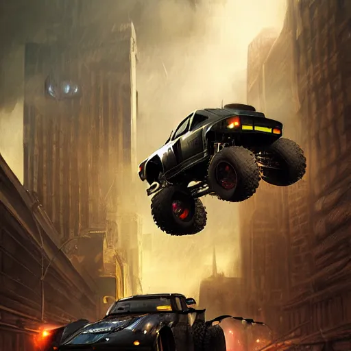 Image similar to a batman monster truck, dramatic lighting, cinematic, establishing shot, extremely high detail, photo realistic, cinematic lighting, post processed, concept art, artstation, matte painting, style by eddie mendoza, raphael lacoste, alex ross