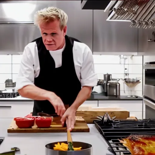 Prompt: Gordon Ramsey cooking a unicorn in a intricate kitchen 4k