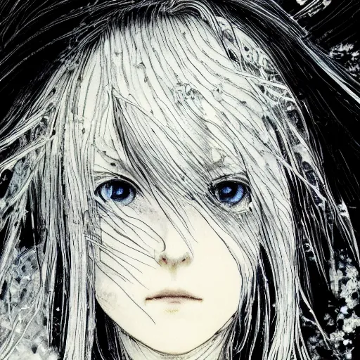 Image similar to Yoshitaka Amano blurred and dreamy illustration of an anime girl with black eyes, wavy white hair and cracks on her face wearing elden ring armour with the cape fluttering in the wind, abstract black and white patterns on the background, noisy film grain effect, highly detailed, Renaissance oil painting, weird portrait angle, three quarter view, head tilted to the side, 1990s jrpg cover