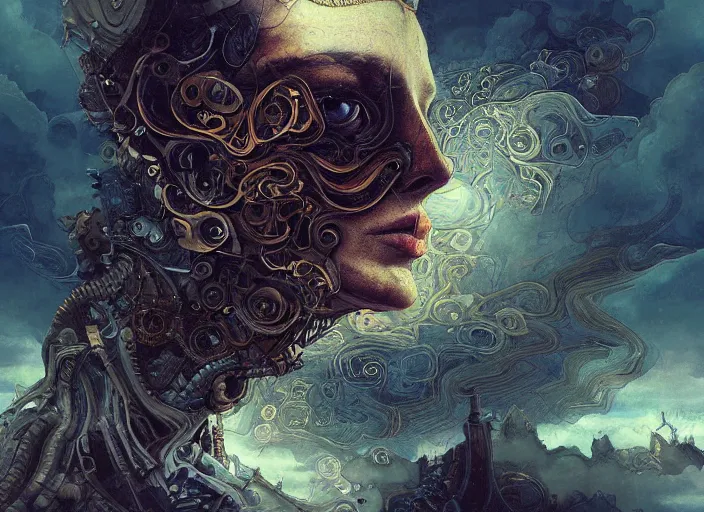 Prompt: A digital painting of a face surrounded by clouds, a surrealist painting by Android Jones, CGsociety, pop surrealism, steampunk, dystopian art, surrealist