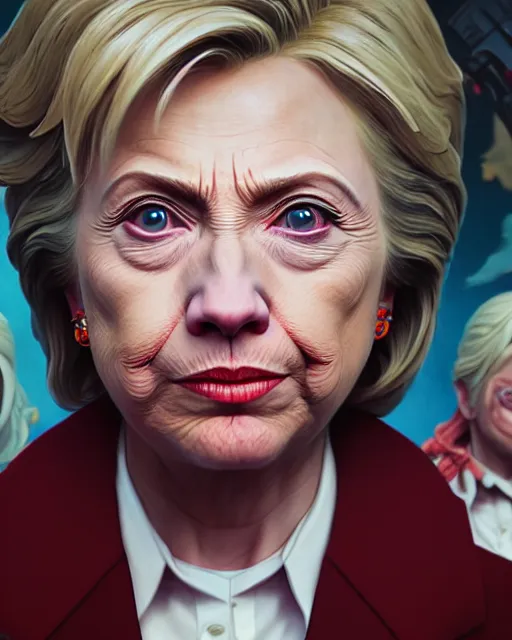 Image similar to highly detailed vfx portrait of a ferocious hillary clinton, stephen bliss, unreal engine, greg rutkowski, loish, rhads, beeple, makoto shinkai and lois van baarle, ilya kuvshinov, rossdraws, tom bagshaw, alphonse mucha, global illumination, detailed and intricate environment