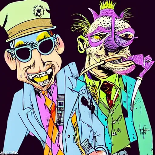 Image similar to Bebop and Rocksteady as Raoul Duke and Doctor Gonzo from Fear and Loathing in Las Vegas. Drawn by Ralph Steadman