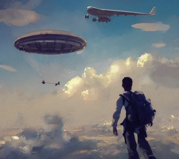 Prompt: skydivers are going to the plane, portrait, close view, painting by craig mullins, octane rendering, soft morning lighting, wide angle lens, in the style of hayao miyazaki, trending on artstation,