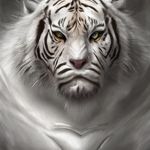 Image similar to a esthetic portrait commission of a muscular antrho albino tiger wearing the superman outfit,hyperdetailed face,character design by charlie bowater,ross tran,artgerm,makoto shibkai,photorealistic,western comic book art,film poster,deviantart,artstation