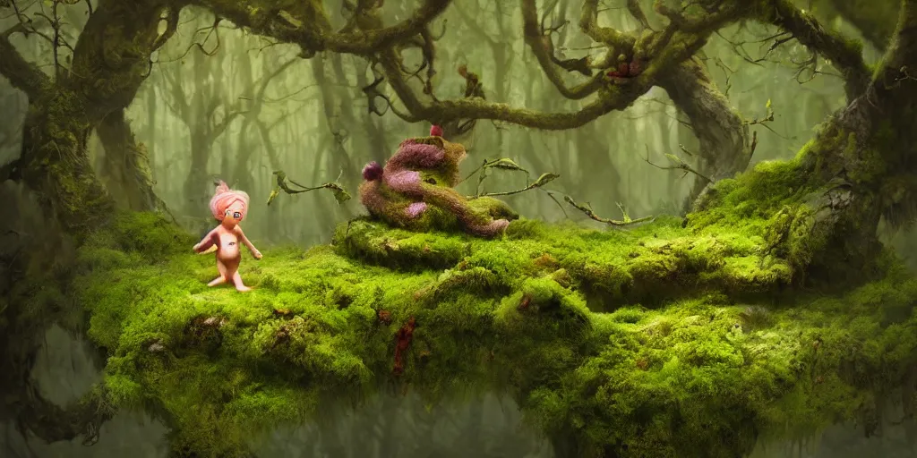 Image similar to a surreal bright very cute tiny mossy forest troll made of bark in a misty forest world by bobby chiu, daniel merriam, trending on artstation, goro fujita and charlie bowater, octane render, 4 k, 8 k, hd