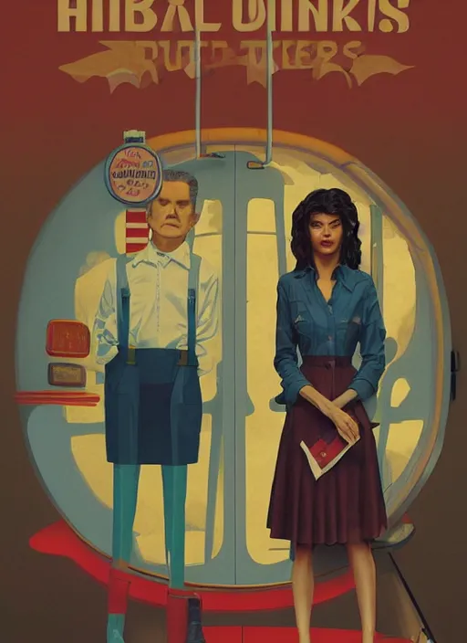 Image similar to poster artwork by Michael Whelan, Bob Larkin and Tomer Hanuka, Karol Bak of Zendaya is a high school student working at the diner wearing waitress dress, from scene from Twin Peaks, simple illustration, domestic, nostalgic, from scene from Twin Peaks, clean