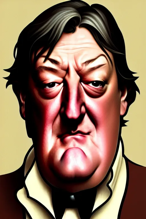 Image similar to stephen fry winking his left eye at the camera, in the style of art by artgerm and greg rutkowski and alphonse mucha