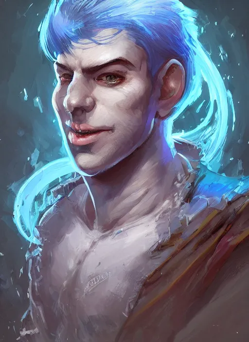 Prompt: head-on symmetrical centered painted portrait, a smiling bald androgynous man with completely blue skin in his twenties as a D&D wizard, fantasy, intricate, elegant, highly detailed, digital painting, smooth, sharp focus, illustration, artstation, in the style of Artgerm and Anna Podedworna and Charlie Bowater and Michael Garmash