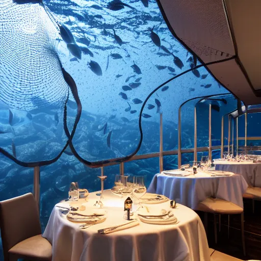 Prompt: michelin star restaurant interior, kitchen pass an underwater view of pristine scottish seas with trawl net, fish shoal, golden hour