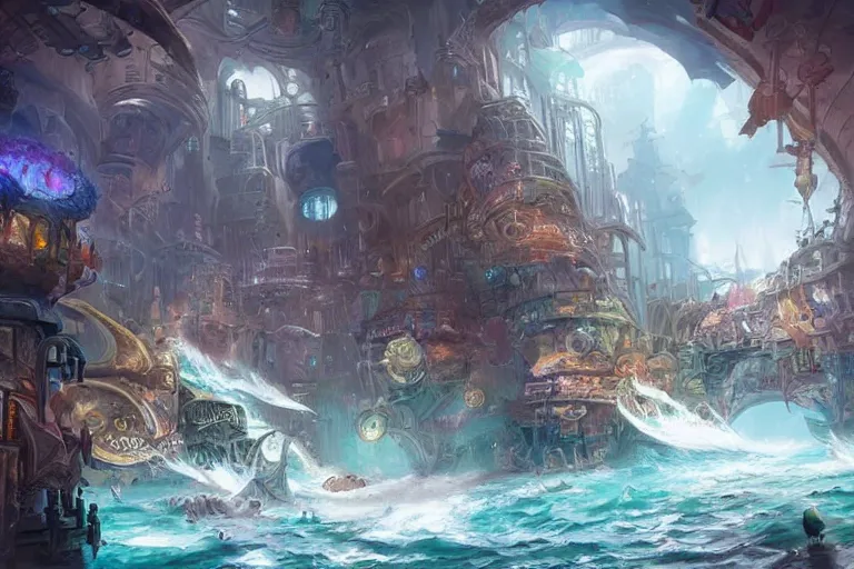 Prompt: concept art of a city walking through ocean, hyperdetailed, epic, beautiful, by Tyler Edlin