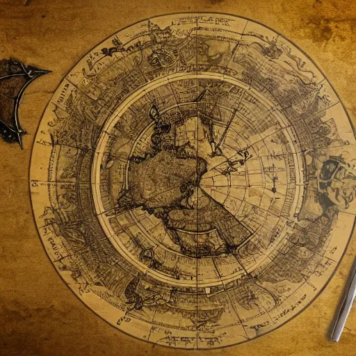 Prompt: old fictional map similar to middle - earth on a table near window with a sunlight pouring through and creating soft shadows surrounded by compass and hourglass and sextant, bokeh, focus on map, artstation, digital art