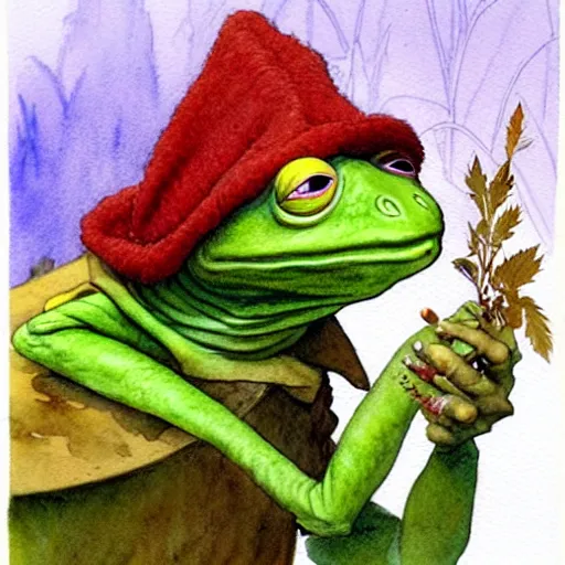 Prompt: a realistic and atmospheric watercolour fantasy character concept art portrait of kermit with red eyes smoking a huge blunt looking at the camera with a pot leaf nearby by rebecca guay, michael kaluta, charles vess and jean moebius giraud