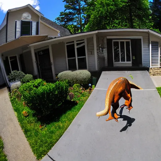 Image similar to fisheye view of dinosaur stealing packages from front porch, ring doorbell view