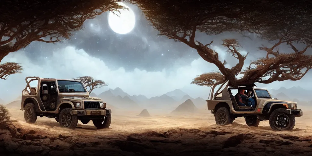 Prompt: mahindra thar riding through moonlit socotra island with dragon trees, starry night, chasing action scene, epic fantasy, sharp focus, trending on ArtStation, masterpiece, by Greg Rutkowski, by Ross Tran, by Fenghua Zhong, octane render, soft render, ultrarealistic, colorful, cinematic, matte painting, shadow of the tomb rider