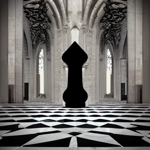 Image similar to architect, white marble gothic cathedral with a alabaster gothic girl dressed in black with perfect face