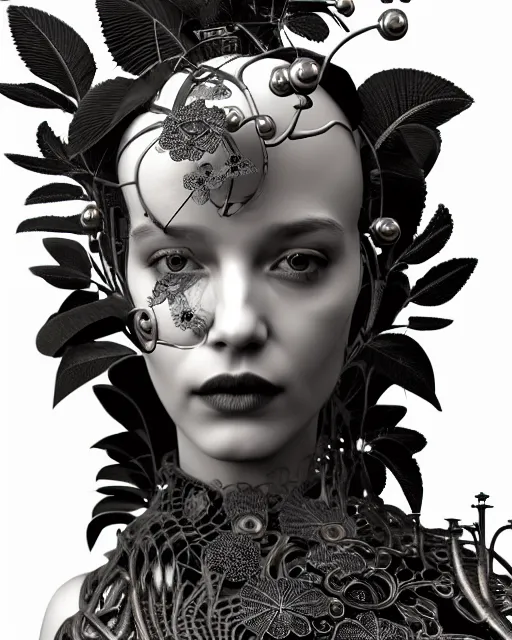 Prompt: monochrome 3 d model, 1 8 7 0 picture, silver mesh floral steampunk biomechanical beautiful young female cyborg with porcelain profile face and a techno eye, volumetric light, leaves foliage and stems, hibiscus flowers, sinuous fine roots, fine foliage lace, alexander mcqueen, rim light, big gothic fashion pearl embroidered collar, octane render, 8 k