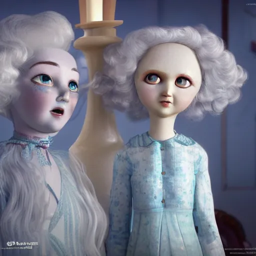 Prompt: a 3d rendered animated movie poster about eerily beautiful old cracked porcelain fashion dolls with white hair and light blue eyes, rendered in renderman, dramatic lighting, fine details, horror, by pixar