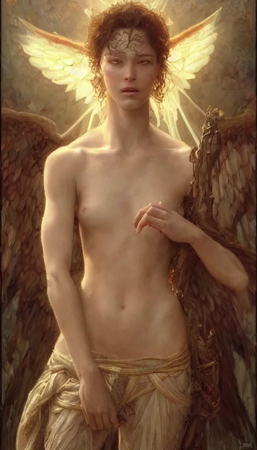 Prompt: epic masterpiece angel, sweaty skin, hyperrealistic, octane render, cinematic, beautiful face and flawless skin, perfect hands, 5 fingers, by Edgar Maxence and Ross Tran and Michael Whelan, Legends of Runeterra