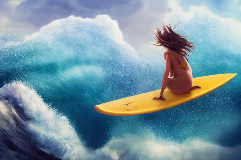 Prompt: girl surfing on a cloud, 4 k, ultra details, cinematic, epic style, beautiful photo, hyper realistic, octane render, unreal engine, award winning, on artstation, volumetric lightning, masterpiece, golden hour,