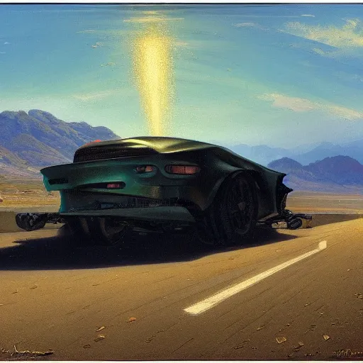 Image similar to Giant head of david copperfield with four wheels, running fast on a californian highway, rays of light, particles light, kuvshinov ilya