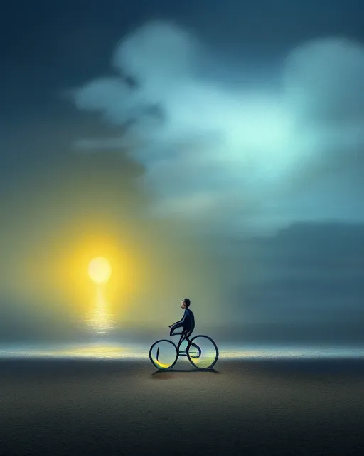 Image similar to photo of man riding a bicycle along the beach that is lit by glowing organisms underwater toward a lighthouse in the distance, wide horizon, large white clouds, intricate, elegant, highly detailed, digital painting, artstation, concept art, smooth, sharp focus, illustration, art by artgerm and greg rutkowski and fra angelico