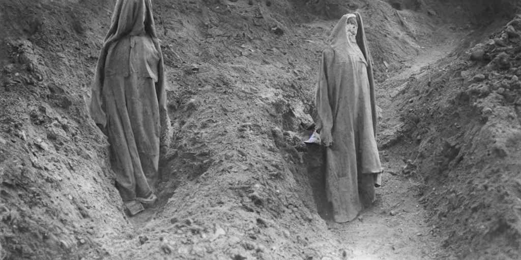 Prompt: scary unproportionable tall ghost creature in the middle of a trench, 1900s picture