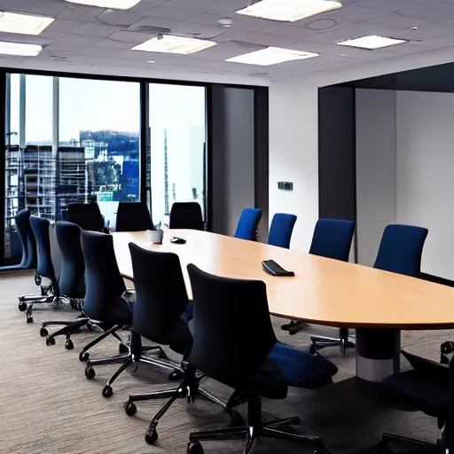 Image similar to a long shot, color studio photographic of a well designed conference meeting room with several business persons actively discussing and expressing various opinions, dramatic backlighting, photo from business insider 2 0 1 9, ultra realistic