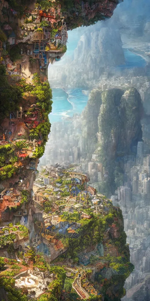 Prompt: a painting of a city built into the side of a cliff, a detailed matte painting by chris labrooy, cgsociety, fantastic realism, matte painting, terragen, artstation hq
