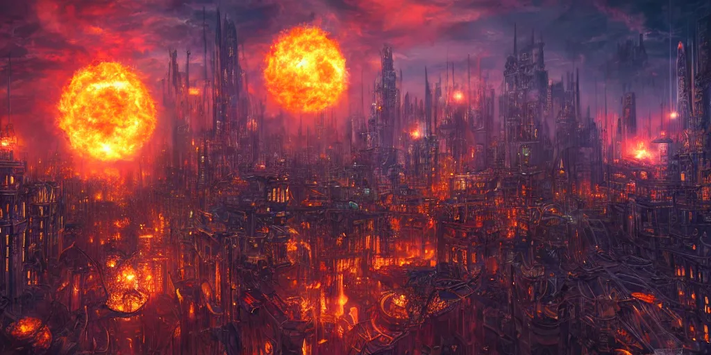 Prompt: fantasy city at night while giant ball of fire crashes to the ground, surreal, digital art, concept art, highly detailed, trending on artstation