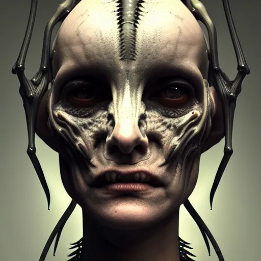 Prompt: giger fractal spider human portrait, digital art, trending in artstation, cinematic lighting, studio quality, smooth render, unreal engine 5 rendered, octane rendered, art style by klimt and nixeu and ian sprigger and wlop and krenz cushart.