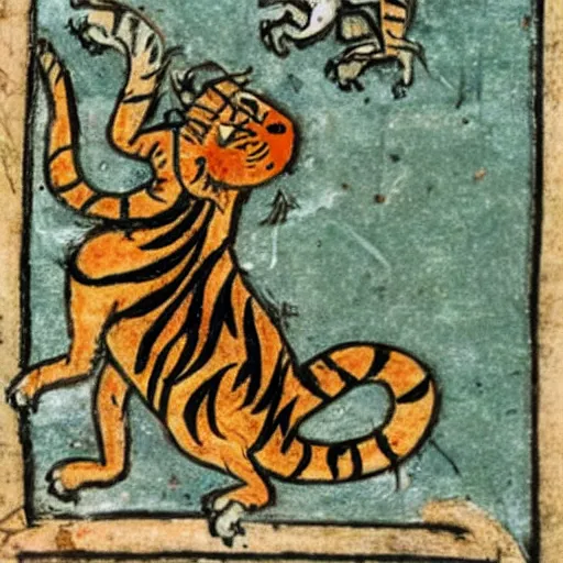Prompt: bad drawn tiger with many legs flying in a medieval manuscript, medieval manuscript, golden miniatures