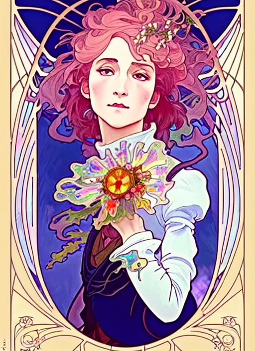 Prompt: sophie howl's moving castle, rococo and art nouveau fusion, iridescent diaphanous refractive and reflective flower bouquet, tarot card, highly detailed, deep focus, elegant, digital painting, smooth, sharp focus, illustration, ultra realistic, 8 k, art by artgerm and alphonse mucha