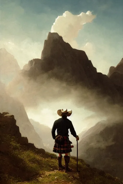 Prompt: a full - body portrait of a handsome hiker by greg rutkowski and albert bierstadt | the man is south asian and wearing a cowboy hat and plaid kilt. he is holding a walking stick | background is mountain peaks and clouds | golden hour, homoerotic, highly detailed | trending on artstation