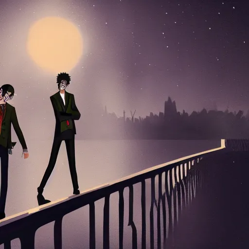 Image similar to two young men, one man human, one man vampire, night, on a bridge,, detailed, intricate, aesthetic, artistic, 8 k resolution in the style of one piece