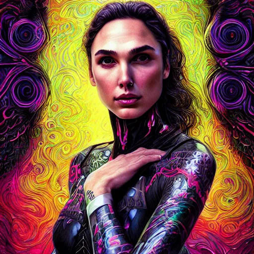 Prompt: portrait of gal gadot, hyper detailed masterpiece, neon floral pattern, jean giraud, digital art painting, darkwave goth aesthetic, psychedelic, artgerm, donato giancola and tom bagshaw