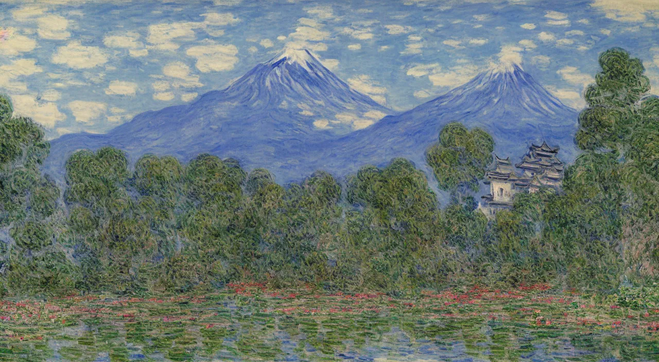 Prompt: a Japanese castle, with a garden as foreground, with mountains as background, by Claude Monet