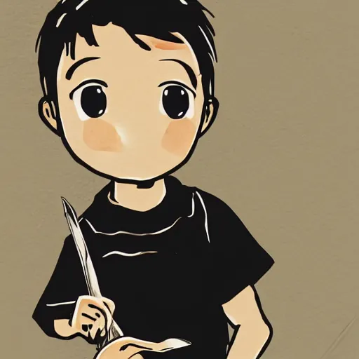 Prompt: a young boy holds a butcher's knife in their hand, anime style, drawn in black pen ink sketch