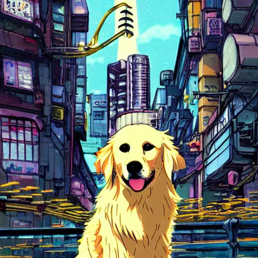 Image similar to golden retriever in a cyberpunk world, studio ghibli