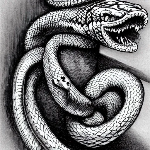 Image similar to a snake with a human face and human arms, serpent, kentaro miura art style