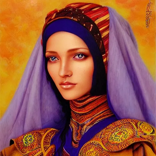 Prompt: a beautiful touareg algerian woman by karol bak, ayami kojima, artgerm, sakimichan, arabian beauty, blue eyes, smile, concept art, fantasy