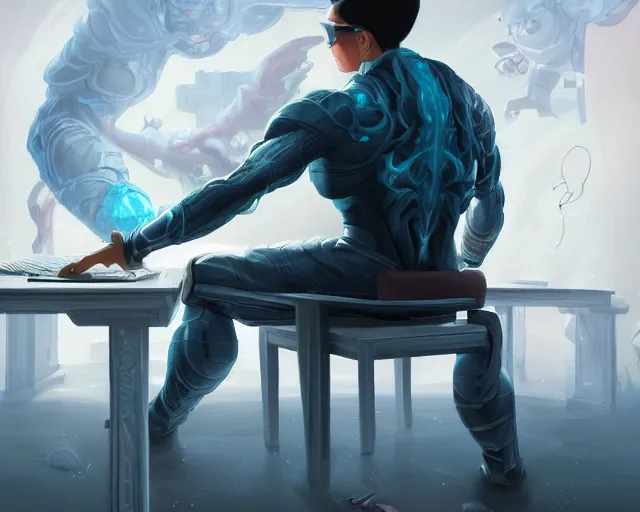 Image similar to an insanely detailed painting of a nerdy asian man wearing a superhero costume, sitting at a desk, staring at the nervously at the computer and typing, in the style of peter mohrbacher, dramatic lighting and composition, surreal background, octane render, pixar, trending on artstation, concept art, comic book, view from behind