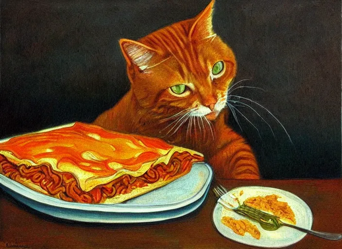 Image similar to detailed realistic realism painting of orange tabby cat eating lasagna at dusk, in the style of vincent van gogh and salvador dali and leonardo da vinci