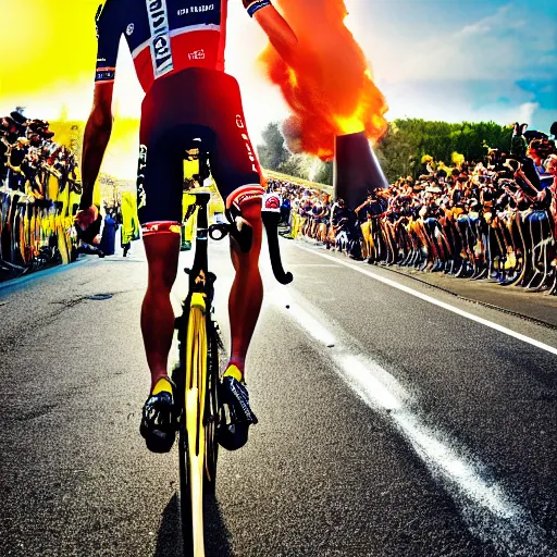 Image similar to sport photography of lance amstrong biking on the tour de france ( tdf ) with a huge lit rocket on his back, motion blur, 8 0 mm, f 4. 0, golden hour, trending on artstation, hyper realistic