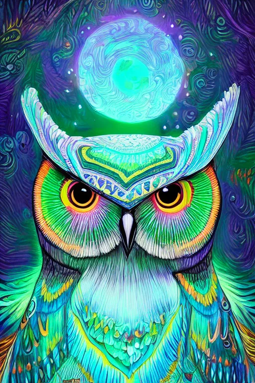 Image similar to glowing owl, beautiful colours, highly detailed, digital art, sharp focus, trending on art station