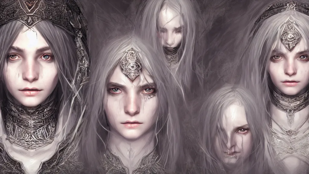 Image similar to concept art sheet, photorealistic symmetrical beautiful teenage face, symmetric eyes, female priestess with shiny hair wearing full intricate clothing, intricate, cg society, Elden Ring, darksouls, bloodborne